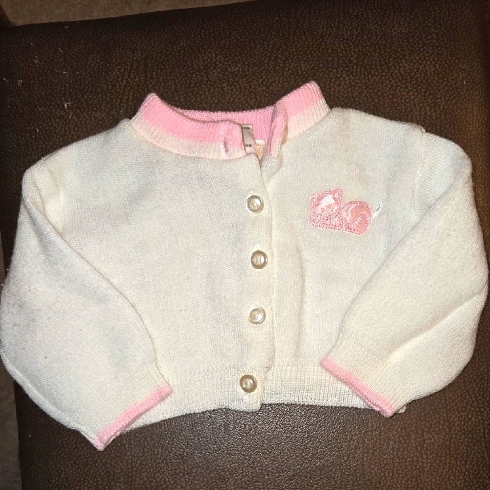Vintage Pink and White Cat Size:9 Months Cardigan Tag Says: Up To 9 Months :)